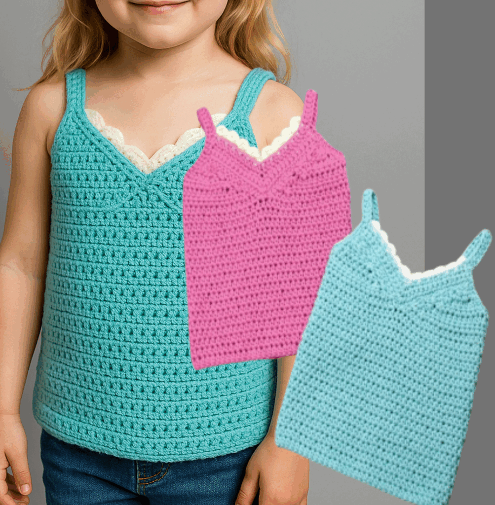 Regatinha de crochê para bebês em algodão colorido, com alças e detalhe em renda, feita à mão para dias quentes