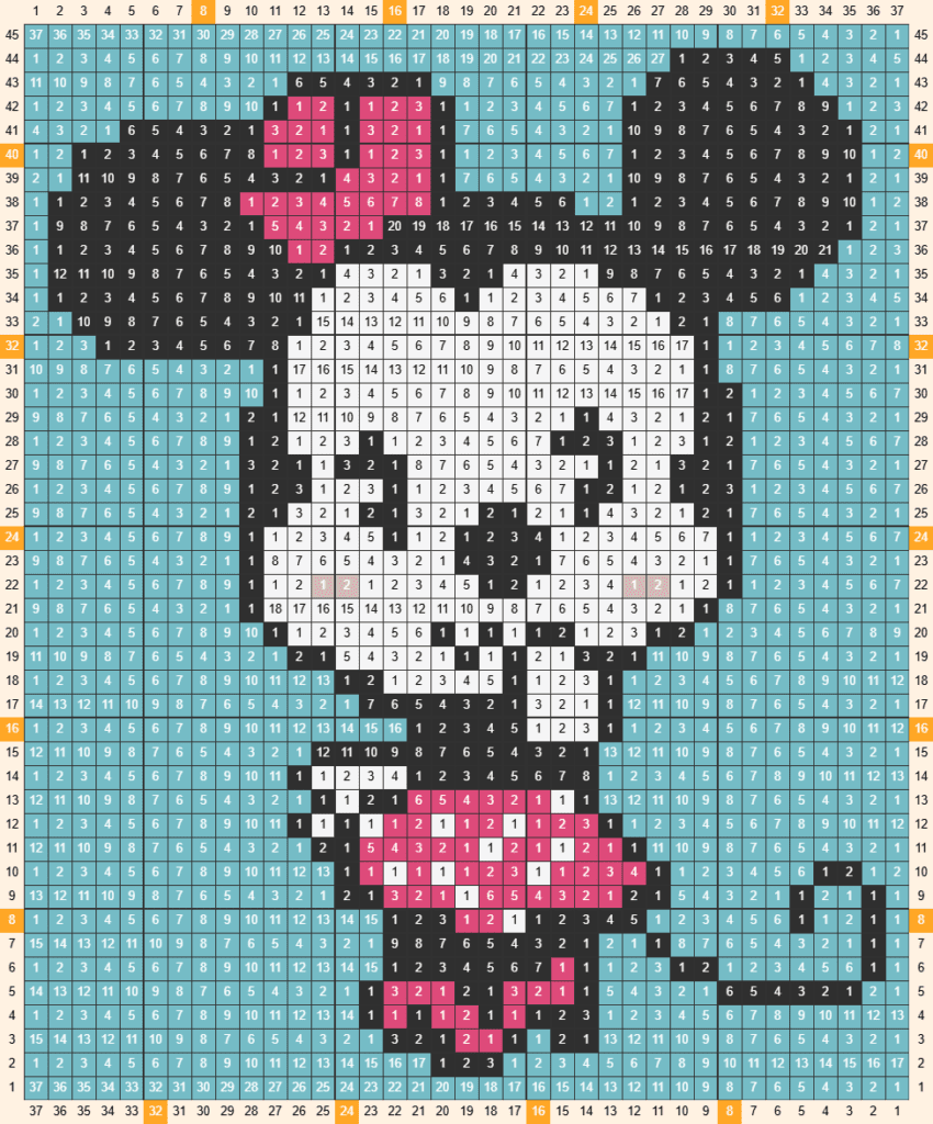 Grades de Pixels para Crochê: guia completo para projetos impressionantes 7 Crochet grid pattern created in GridJun with color-coded pixel chart